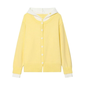 Cardigan in maglia giallo chiaro da donna con cappuccio bianco e design finto due pezzi