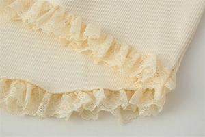 Detailed macro view of cream ribbed knit fabric with delicate double-layered lace edges