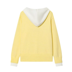 Felpa con cappuccio in maglia giallo chiaro da donna con dettagli bianchi a contrasto