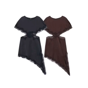 Chic sleeveless dress with lace patchwork and asymmetric hem in black and coffee brown
