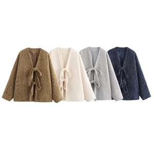 Giacca In Peluche Shaggy Da Donna Con Lacci Maniche Lunghe Tinta Unita Casual Girocollo Elegante
