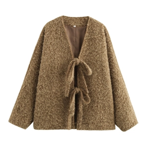 Cardigan corto da donna in pile con lacci a fiocco e tonalità marrone caldo
