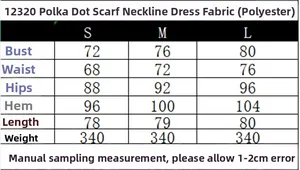 Tableau des tailles pour robe à pois dos nu avec mesures du buste et de la taille