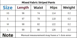 Guía de tallas para pantalones a rayas con medidas de largo, cintura y cadera