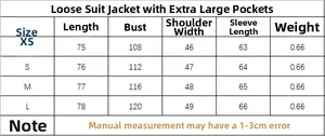 Size chart for oversized loose fit blazer featuring measurements from XS to L