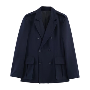 Women's oversized dark blue double-breasted blazer with cargo pockets and epaulettes