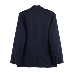 Navy blue oversized blazer for women with shoulder pads and tailored back seam detail