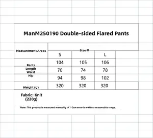 Size chart for solid color flare pants including length, waist, and hip measurements
