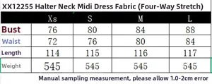 Größentabelle für Damen Halterneck Midikleid mit Brust-, Taillen- und Längenmaßen
