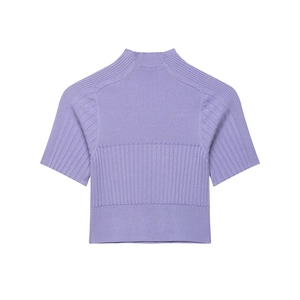 Top lavanda a collo alto con maniche corte e maglia a coste dal design alla moda