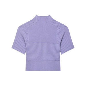 Top in maglia a coste con collo alto color lavanda, vestibilità slim e maniche corte