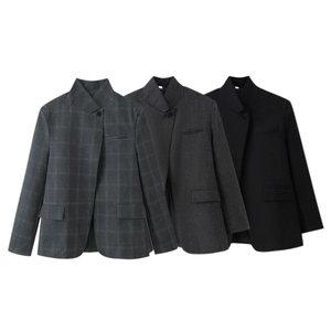 Damen Blazer mit Stehkragen und Karomuster, Einknopf-Verschluss in Grau und Schwarz