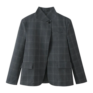 Damen-Karo-Blazer mit Stehkragen, dunkelgrauem Karomuster und einfachem Knopfverschluss