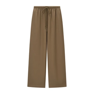 Pantaloni minimalisti a gamba larga marroni da donna con coulisse e vita elasticizzata