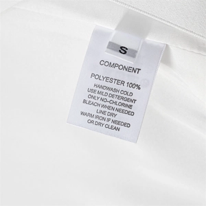Étiquette d'entretien détaillée en 100% polyester avec instructions de lavage taille S