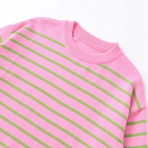 Women's casual knit sweater with vibrant pink and green horizontal stripes and round neck