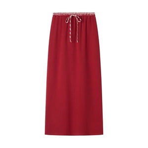 Deep red midi skirt featuring a red and white gingham waist tie and elastic waistband