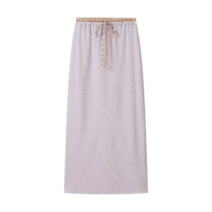 Lavender midi skirt with elastic waist and checkered drawstring detail