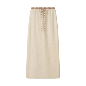Beige midi skirt with brown gingham drawstring waist in soft textured fabric