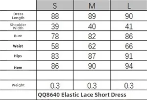 Größentabelle für sexy Spitzen-Minikleid mit S, M, L Maßen in Zentimetern angegeben