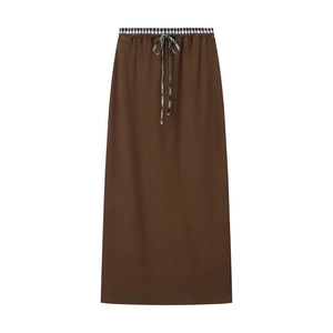 Brown midi skirt with black and white checkered elastic waistband and drawstring detail