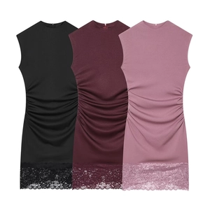 Eleganter Stehkragen Ärmellos Gerafft Mini Kleid Mit Spitzenbesatz Sexy Slim Fit Bodycon Sommer Party Clubwear Kleid Damen