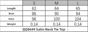 Tableau des tailles pour haut dos nu en satin avec mesures de longueur, buste et ourlet