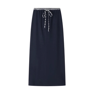 Navy blue midi skirt with black and white checkered elastic drawstring waistline