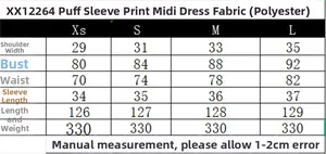 Size chart for floral puff sleeve midi dress with chest and waist measurements
