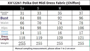 Size chart table for the polka dot midi dress showing measurements in centimeters
