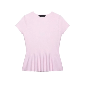 Haut en tricot rose pâle à manches courtes avec taille basque et col rond élégant