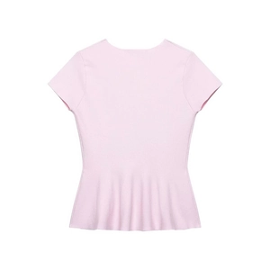 Haut en maille rose pour femme avec ourlet à basque et coupe ajustée à col rond classique