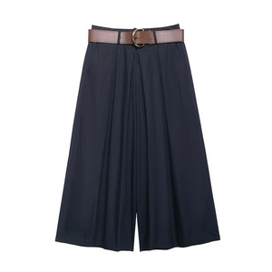 Pantaloni da donna blu scuro a gamba larga a vita alta con cintura in pelle e fibbia oro