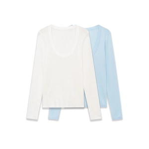 Slim fit long sleeve U-neck tops set in white and light blue soft jersey fabric
