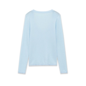 Minimalist light blue long sleeve knit top with crew neck in a flat lay view