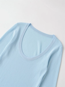 Detail of light blue ribbed knit fabric showing the round neckline and vertical texture
