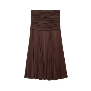Dunkelbrauner Midirock mit hoher Taille, gerafftem Bund und plissiertem Chiffonstoff