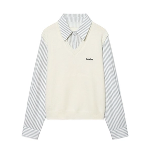 Haut à manches longues style collège avec gilet en tricot et chemise à rayures