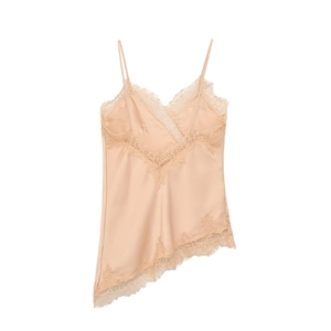 Elegante canotta in raso champagne con bordo in pizzo e orlo asimmetrico per donna