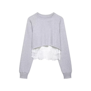 Sweat-shirt court gris tendance avec ourlet élégant en dentelle blanche et col rond