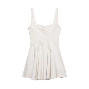 Chic off-white sleeveless mini dress with wide straps and flared pleated skirt