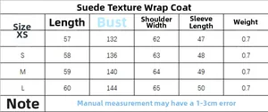 Size chart for women's suede-textured wrap jacket detailing measurements from XS to L