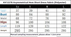 Size chart for asymmetrical hem mini dress with shoulder, bust, waist, and length measurements
