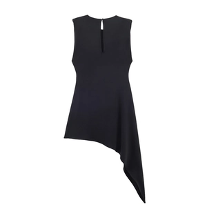 Women's black sleeveless top with a unique asymmetric hemline and teardrop back closure
