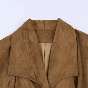 Classic camel brown suede-texture lapel jacket with smooth satin lining and wide collar