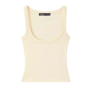 Slim fit cream white ribbed knit sleeveless tank top with U-neck design on white background