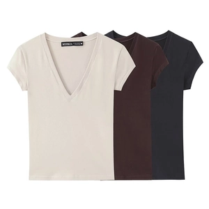 Three-pack slim fit V-neck short sleeve T-shirts in cream, dark brown, and black colors