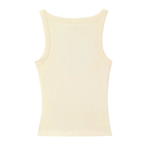 Women's minimalist ribbed cotton sleeveless tank top in cream beige on a white background