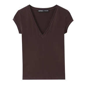 Detail of V-neck collar and woven brand label on dark coffee slim fit knit T-shirt