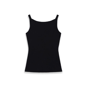 Women's minimalist black ribbed knit tank top with wide straps and a slim fit design